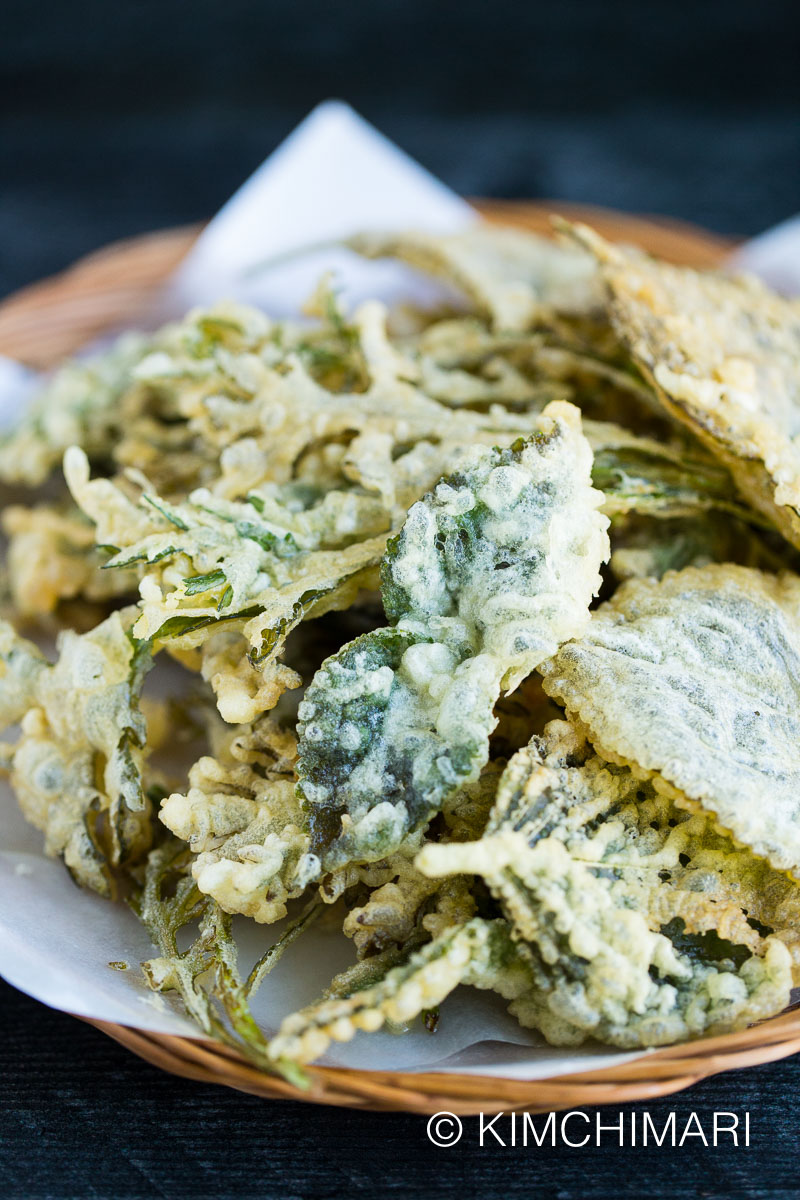 Perilla or Shiso and Ssukat leaves tempura on paper lined tray