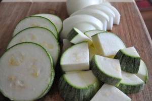 Korean zucchini and onions on a chopping board