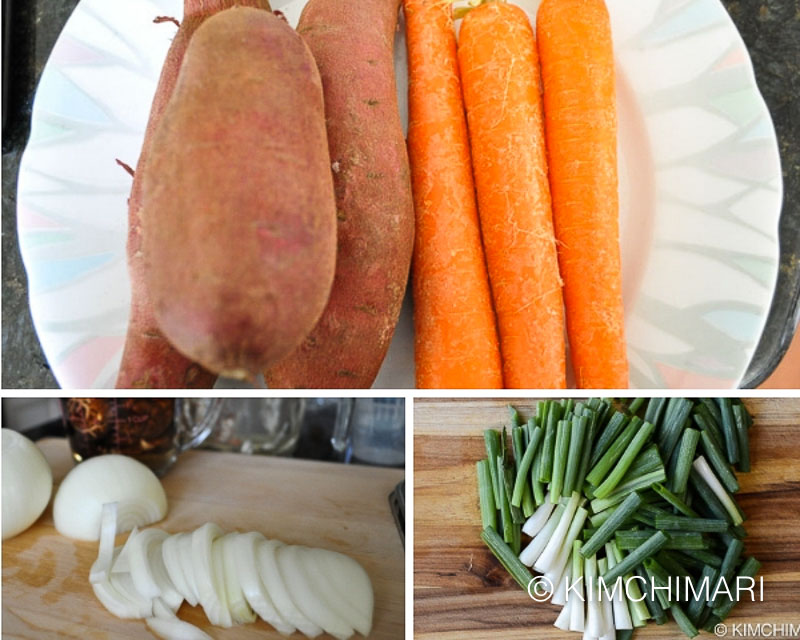 sweet potato, carrots, green onions, onions being cut into sticks