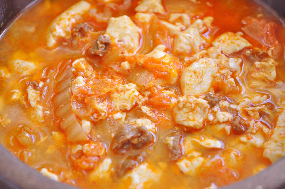 Soondubu Jjigae (Spicy Soft Tofu Stew) with Kimchi