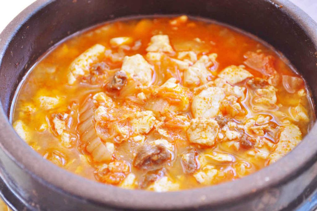 Korean Tofu Soup with Kimchi in Clay Pot