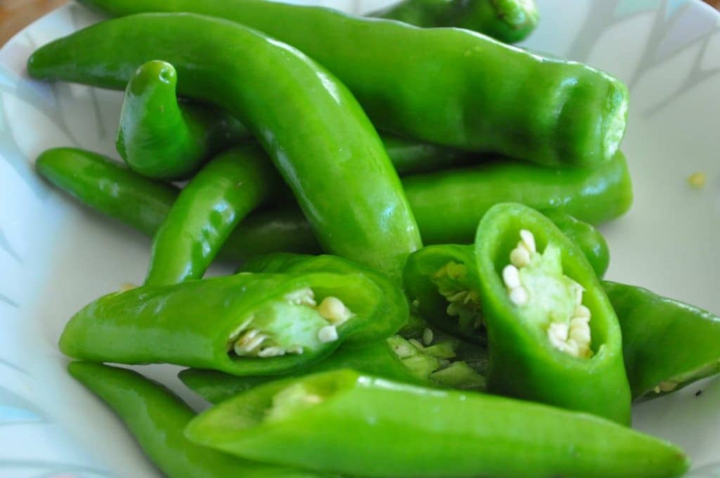 cut Korean green chili peppers on plate