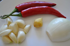 garlic, ginger, onion and red chili pepper