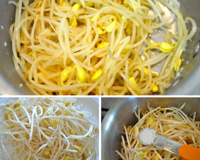 3 pics of fresh soybean sprouts, being cooked in pot with water and then sauteing in pan with seasoning
