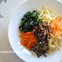 bibimbap plated with wild greens without egg