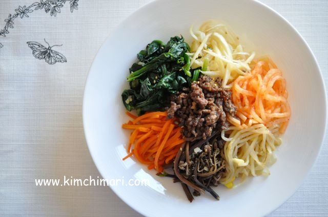 bibimbap plated with wild greens without egg