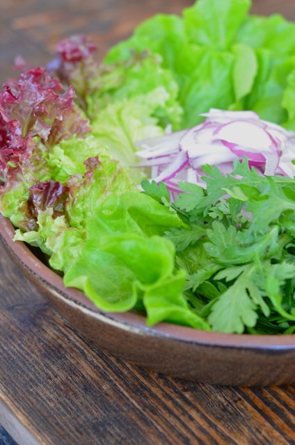 Red and green lettuce, purple onions, ssukat for Korean Steak Salad