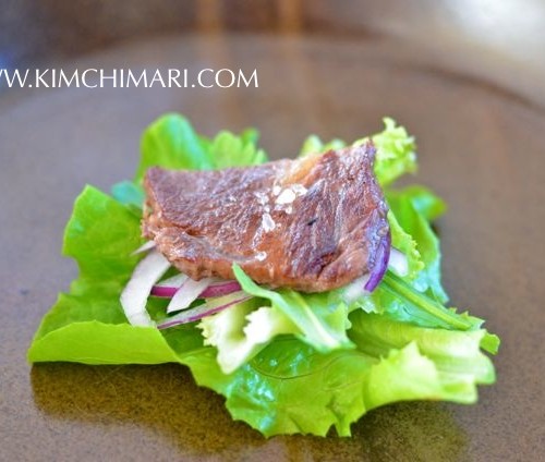 JJ's style Korean rib eye steak salad with ssam elements