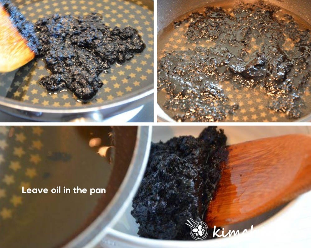 steps of sauteeing chunjang in oil in frying pan