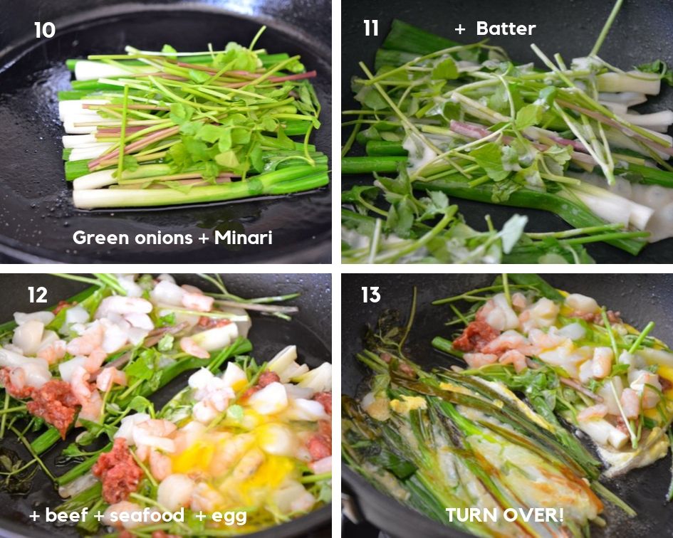 process shots for frying pajeon in the pan