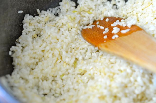 Sauteeing Rice in Oil for Mushroom Rice