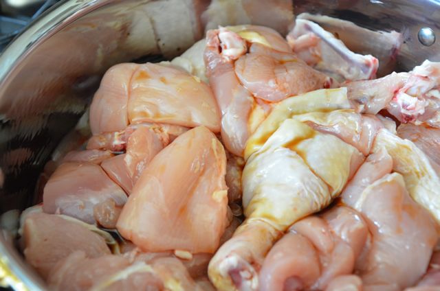 raw chicken mixed in pan for soy sauce - for dakdoritang