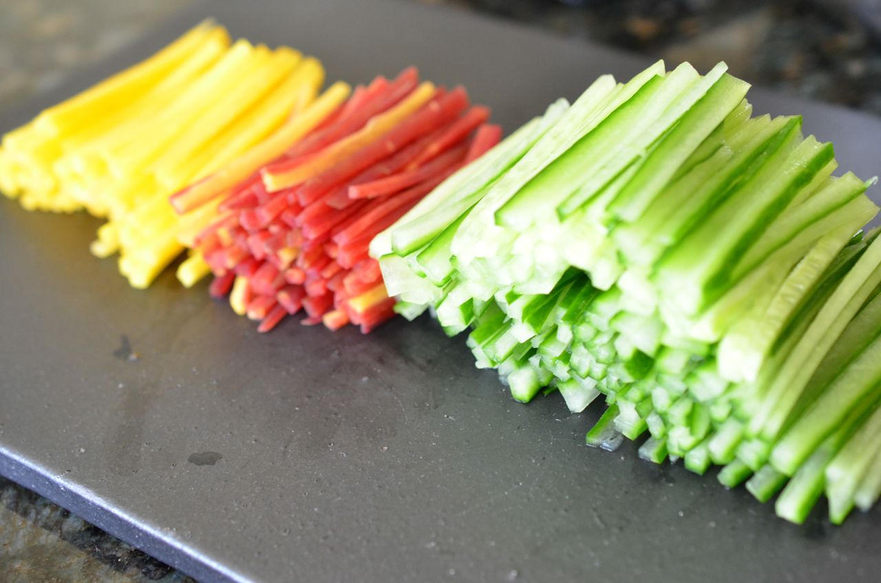 carrots and cucumber julienned for jellyfish salad Kimchimari