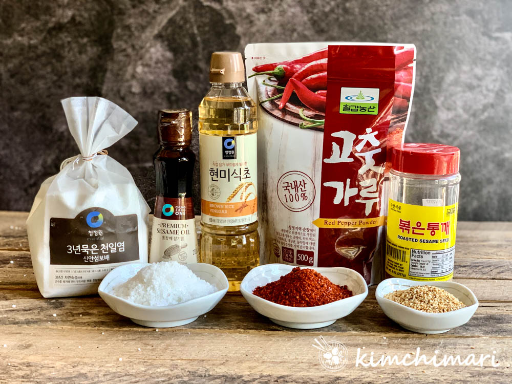 korean red chili powder, solar sea salt, rice vinegar, sesame seeds, sesame seed oil in packages or bottles