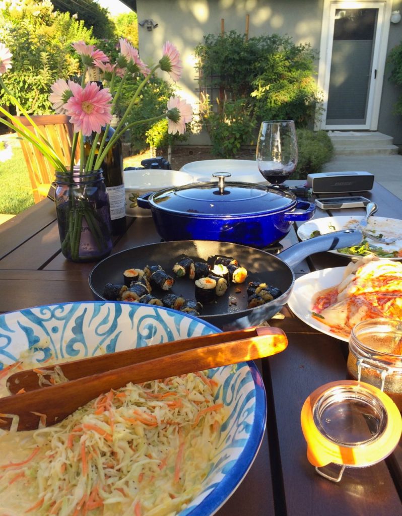 Sunday family dinner in our back yard - with leftovers from our Korean summer bbq party