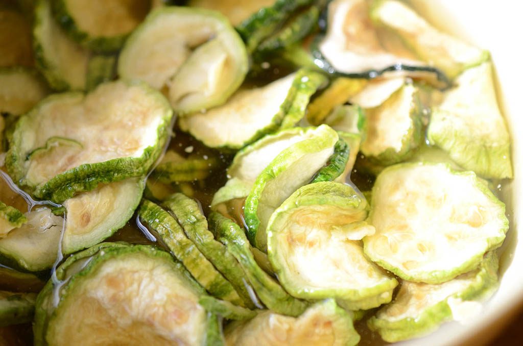 Dried zucchini after soaking in water for 1 hour