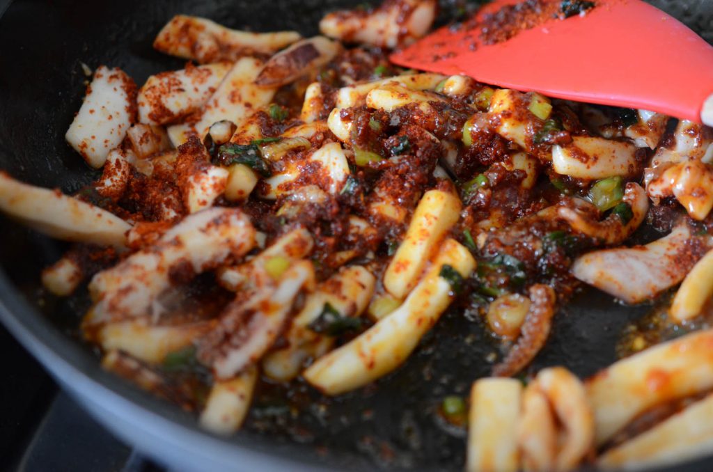 Korean spicy squid stir fry with chili powder