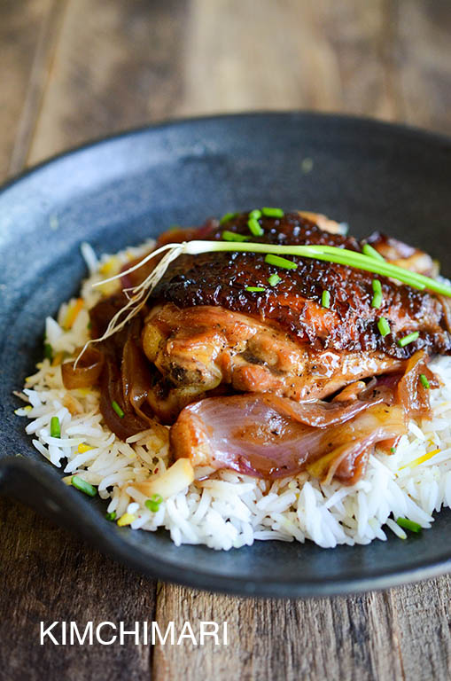 Korean Chicken Braised in Soy Ginger Lemon Sauce with onions served on rice
