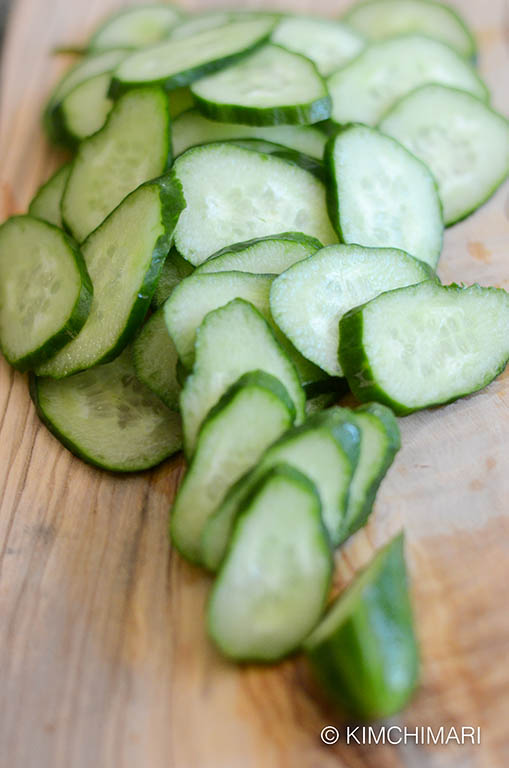 Cucumber slices for Oi Muchim (Korean cucumber salad)