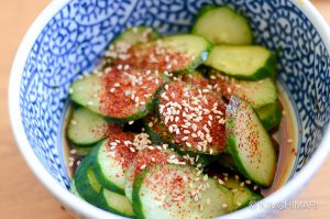 korean cucumber salad in soy vinegar dressing with chili powder