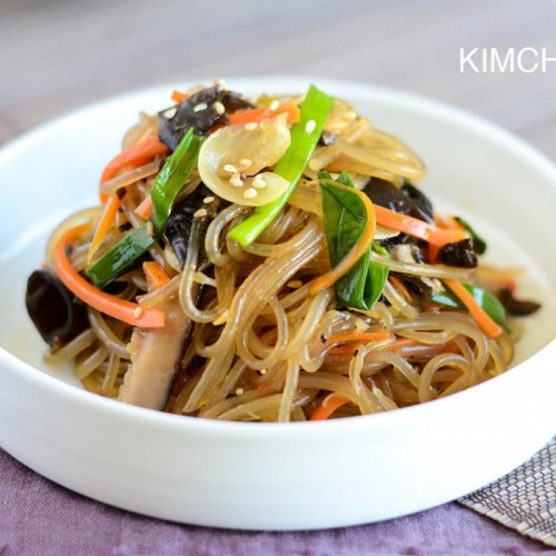 Vegan Japchae, also named Korean glass noodles