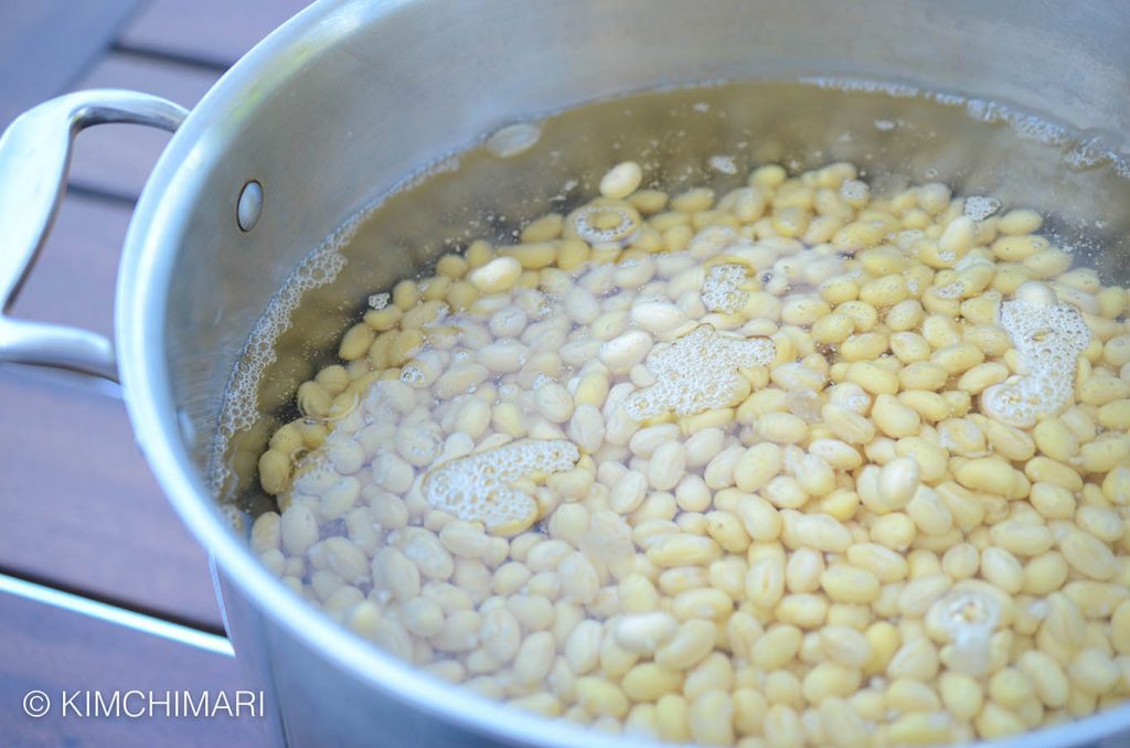 soybeans in pot with water ready to cook