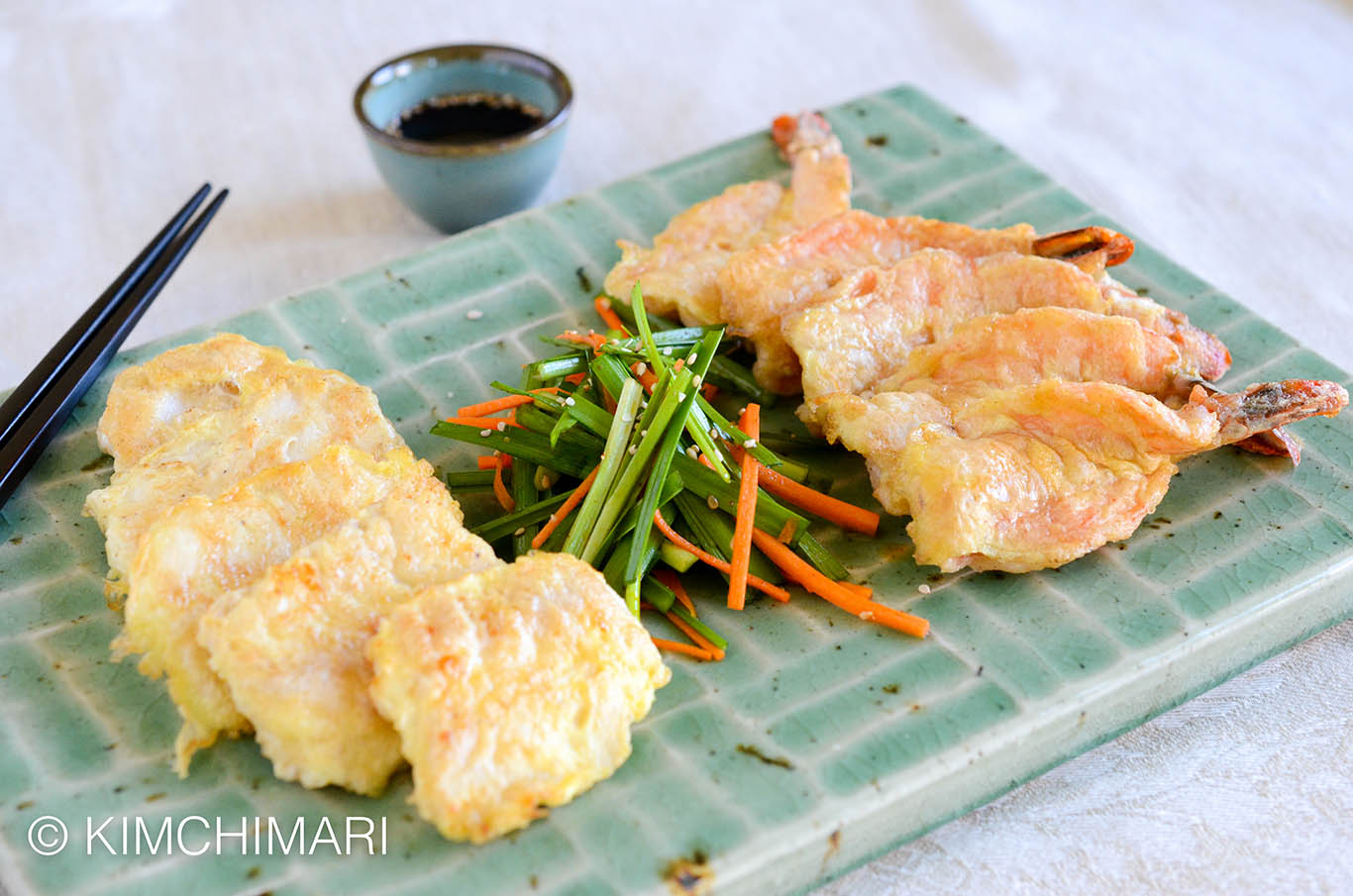 Pan fried Cod Jeon (saensun jeon) and Shrimp Jeon (saewoo jeon) served with chive salad