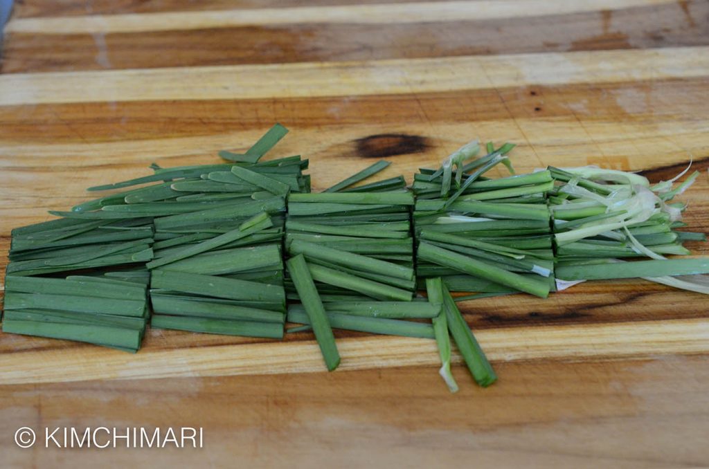 Cut chives for Korean Chive Pancakes