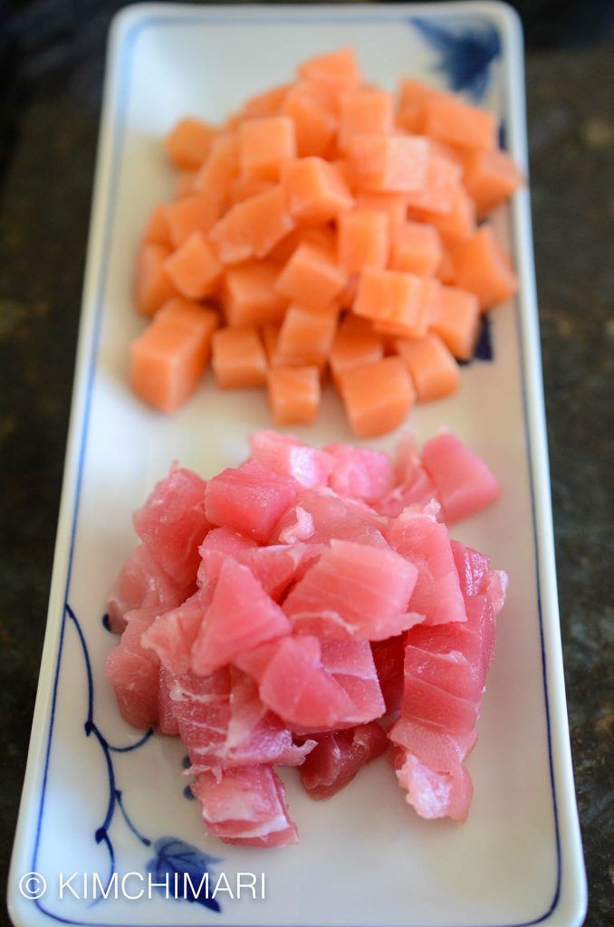 Salmon and Tuna sashimi cubes ready for Korean Rice Bowl (Hoedeopbap)