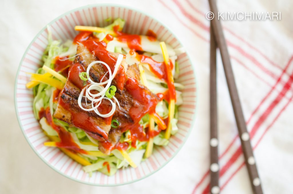 Miso Pork Belly rice bowl with siracha gochujang sauce
