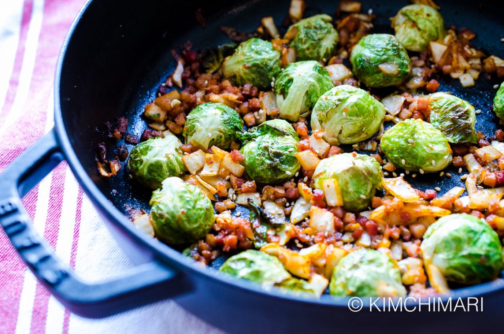 Brussel Sprouts with Kimchi and Pancetta