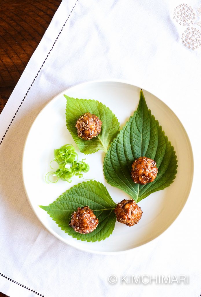 Korean cocktail meatballs with perilla leaves and green onion