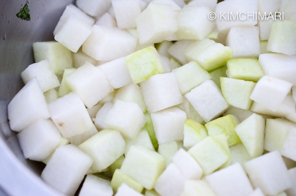 Kkakdugi radish cubes AFTER it is pickled in brine for 20 miniutes