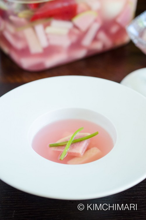 Water Kimchi (물김치 Mul Kimchi) with Watermelon Radish Kimchimari