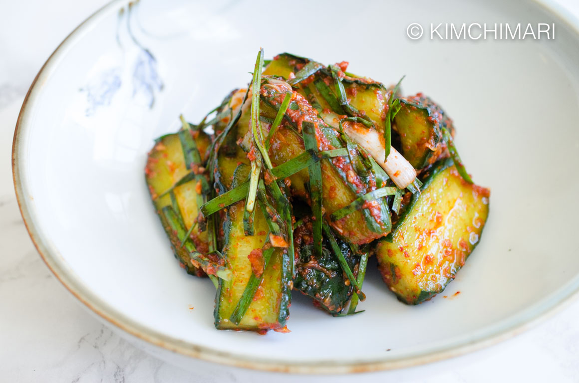 Cucumber Kimchi (Oi Kimchi) closeup