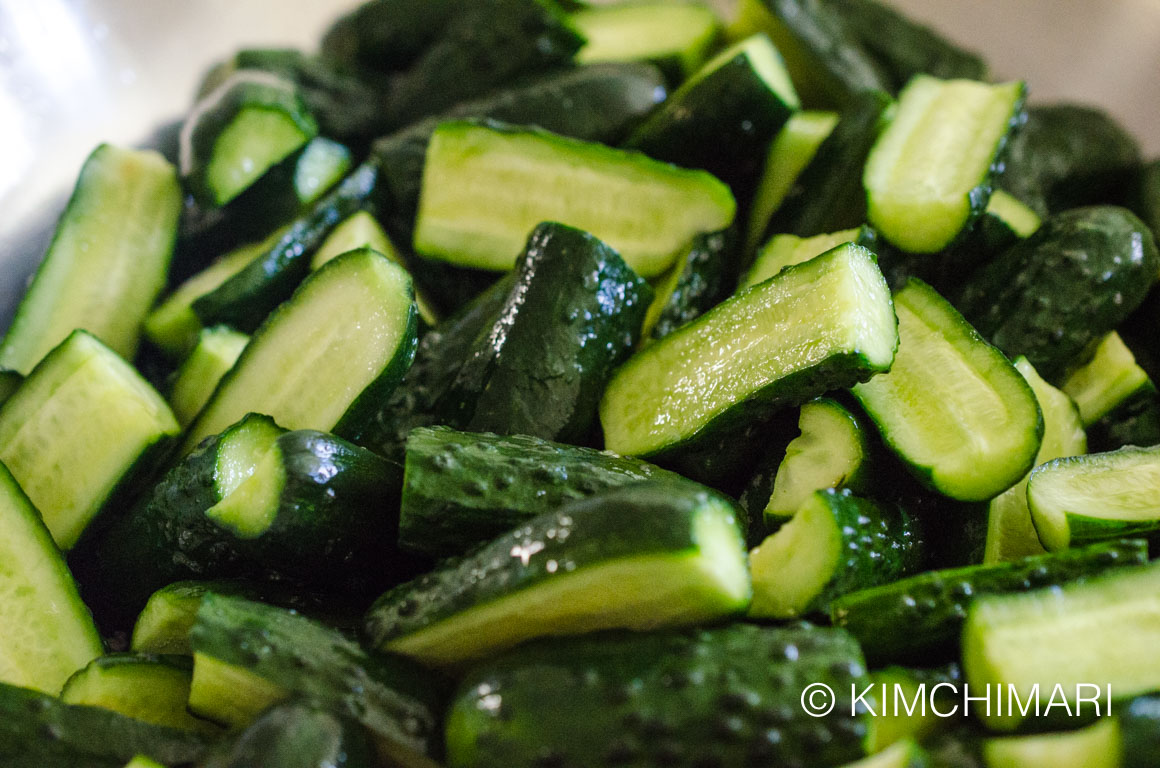salted cucumbers after 3 hrs for cucumber kimchi