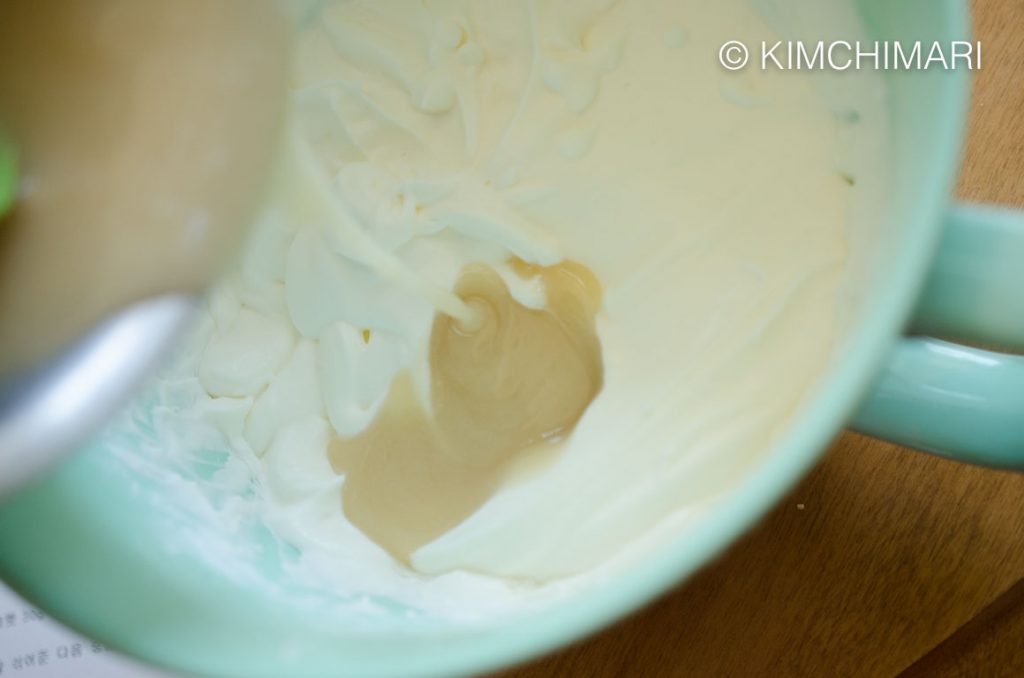 Pouring Makgeolli Ice Cream base into Cream