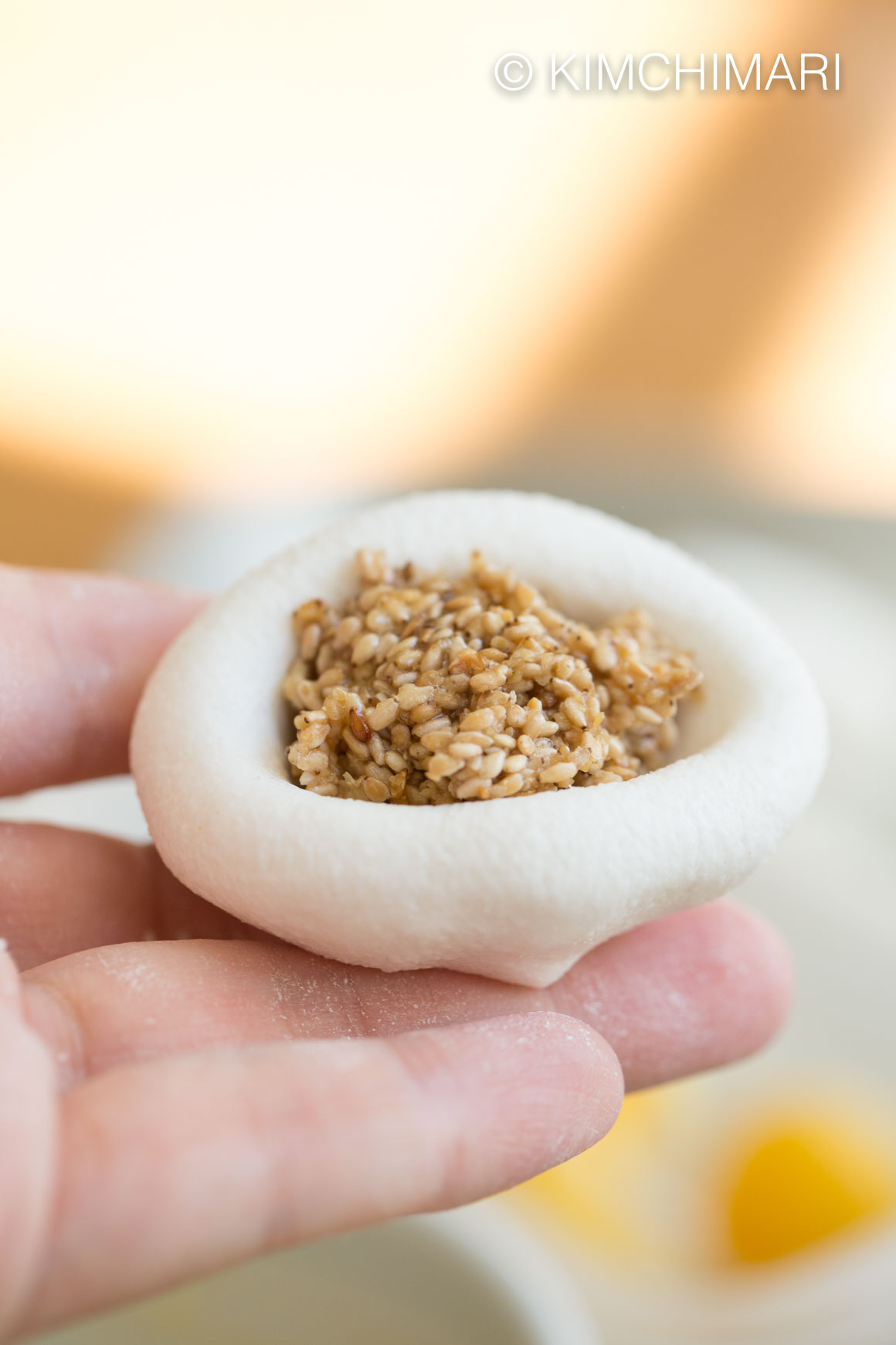 rice dough cup filled with sesame Kimchimari