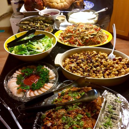 Korean Thanksgiving dinner buffet table