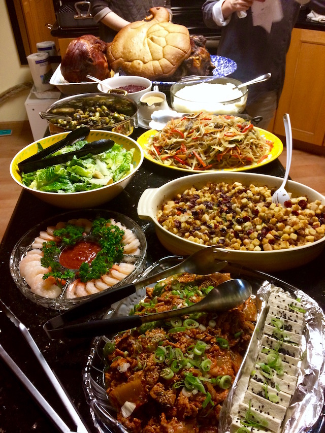 Korean Thanksgiving dinner buffet table