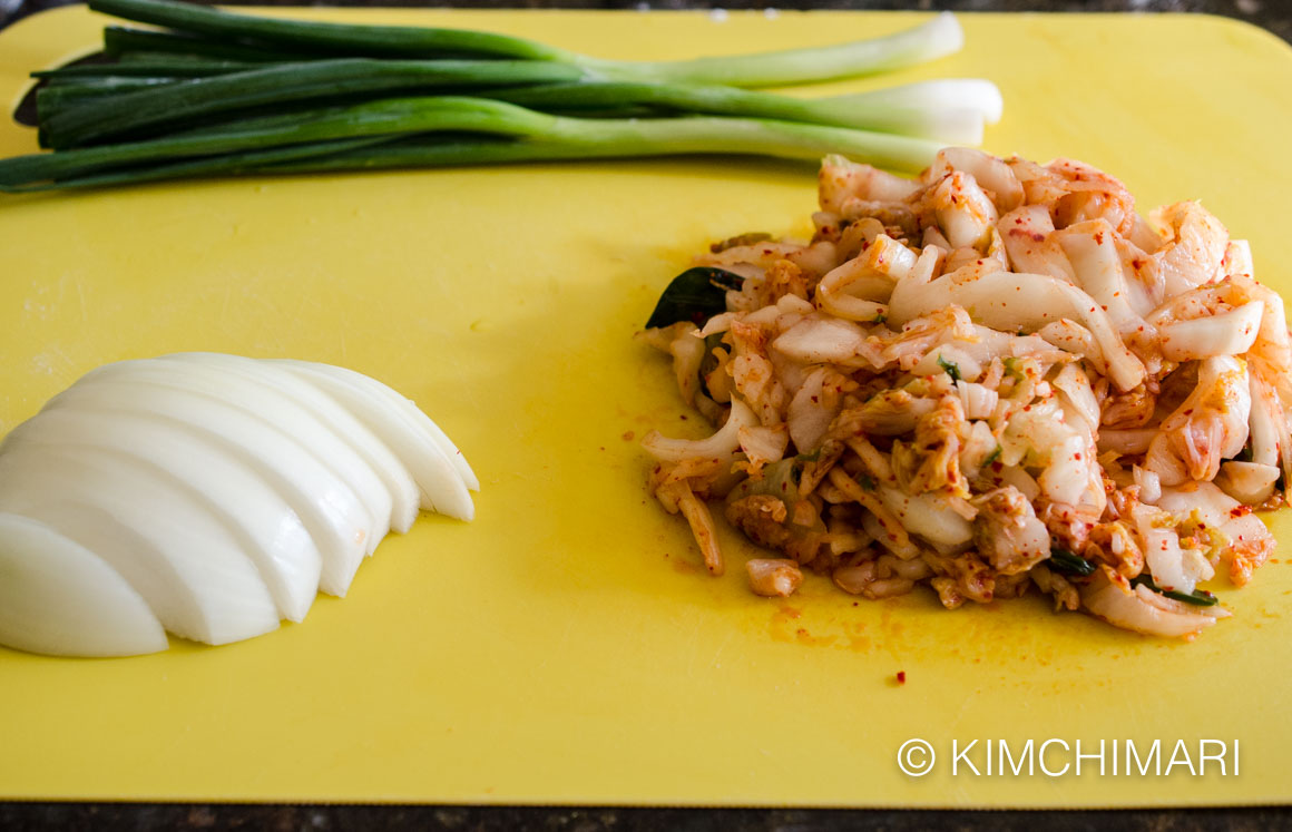Kimchi Pancake ingredients - onions, kimchi sliced