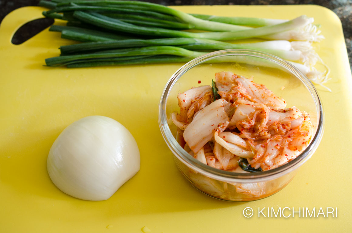 Kimchi Pancake ingredients (kimchi, onions, green onions)