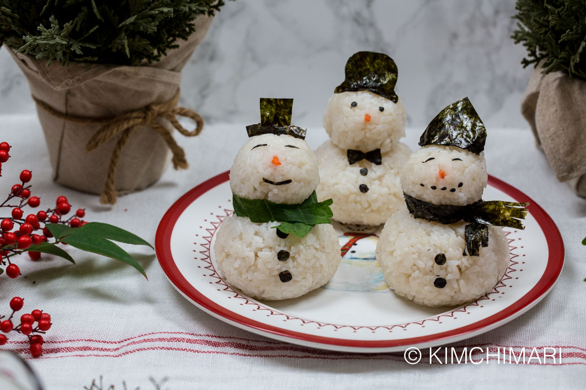 Snowman Rice Balls decorated with gim (nori)