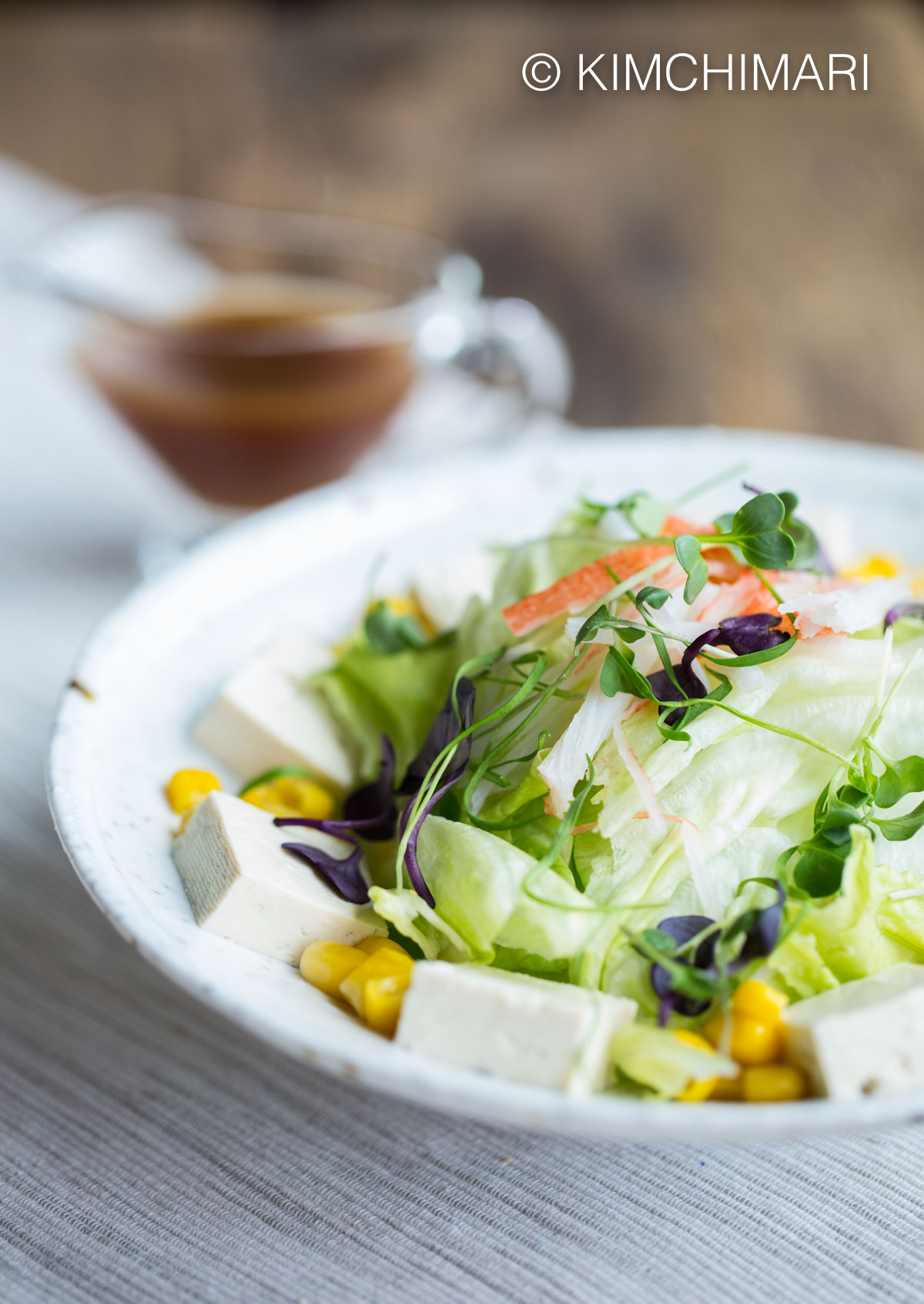 Tofu Salad with Iceberg Lettuce, Sweet Corn, Imitation Crab Meat, Microgreens