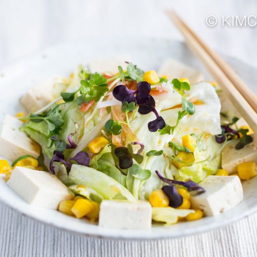 Tofu Salad with Iceberg Lettuce, Sweet Corn, Daikon Sprouts