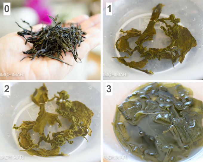 Stages of Korean Seaweed (Miyeok) rehydrating In Water (4 different pics)