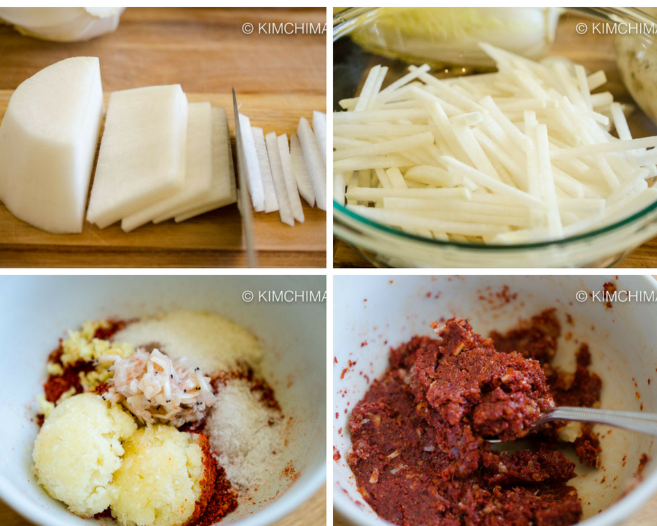 photos of julienning radish and making kimchi seasoning mix