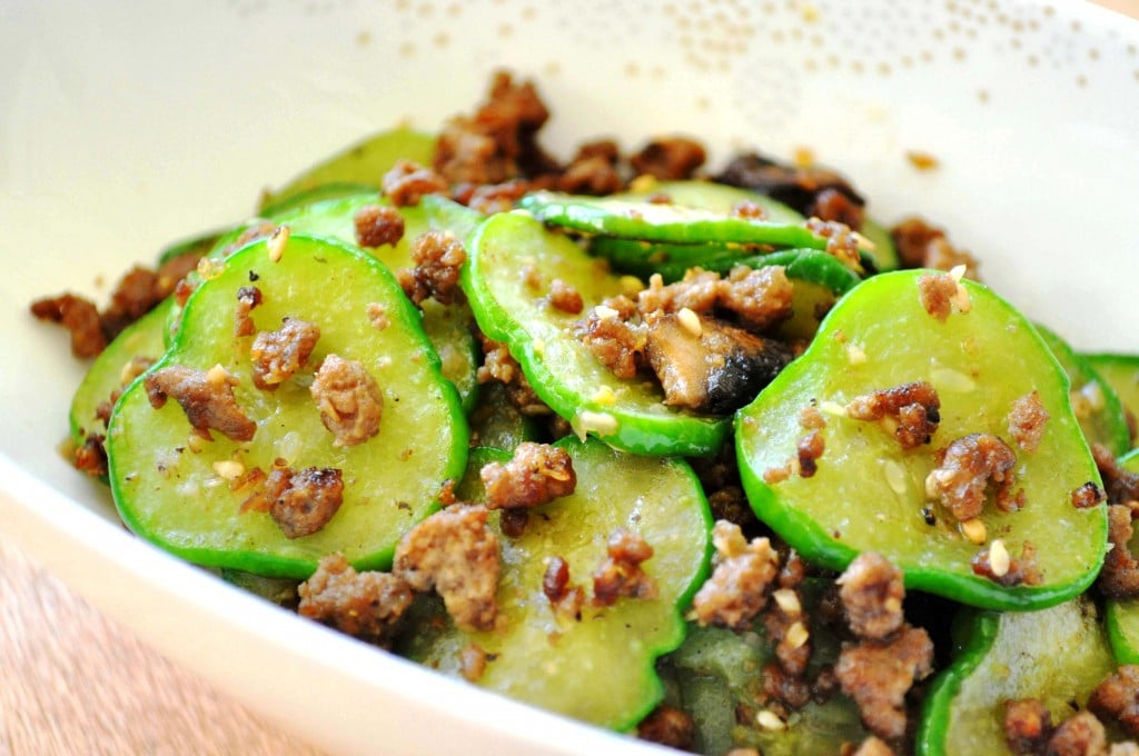 Stir-Fried Cucumbers with ground beef close up