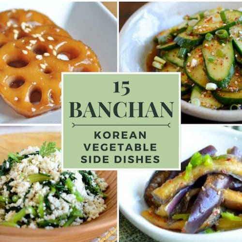 Collage image of 4 different veg side dishes and text that says 15 banchan recipes
