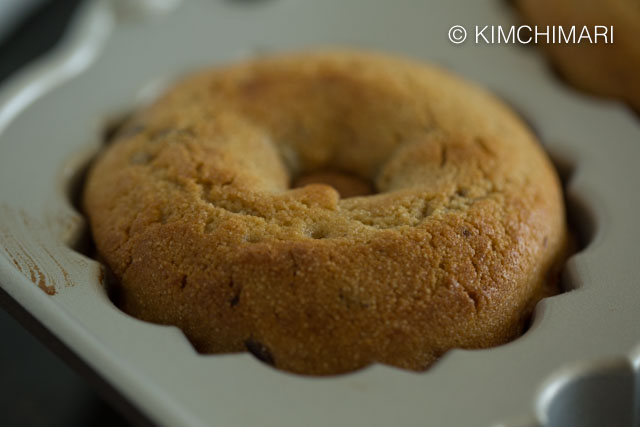 Close up of sweet Rice Bundt Cake fully baked in Mini Bundt Pan